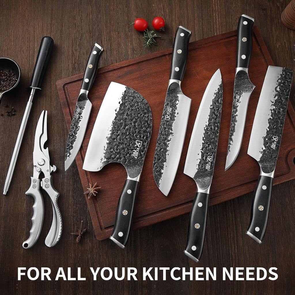 Chef Knife Set, Hand Forged Meat Boning Carving Cleaver Butcher Knife, High Carbon Steel Japan Nakiri Santoku Knife Set with Accessories for Kitchen, BBQ Camping Knives Set with Bag