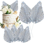 Gyufise 6Pcs Paper Palm Fan Cake Topper Palm Leaf Fan Cake Pick for DIY Bakeware Craft Project Home Made Wedding Bridal Shower Birthday Anniversary Party Cake Decorations Supplies Metallic Silver