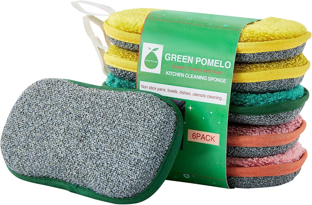 Multipurpose Sponges Kitchen,6 Pack Reusable Non-Scratch Scrub Sponge,Rough Scrubbers Side for Pots and Pans,Soft Microfiber Scrub Side for Washing Dishes