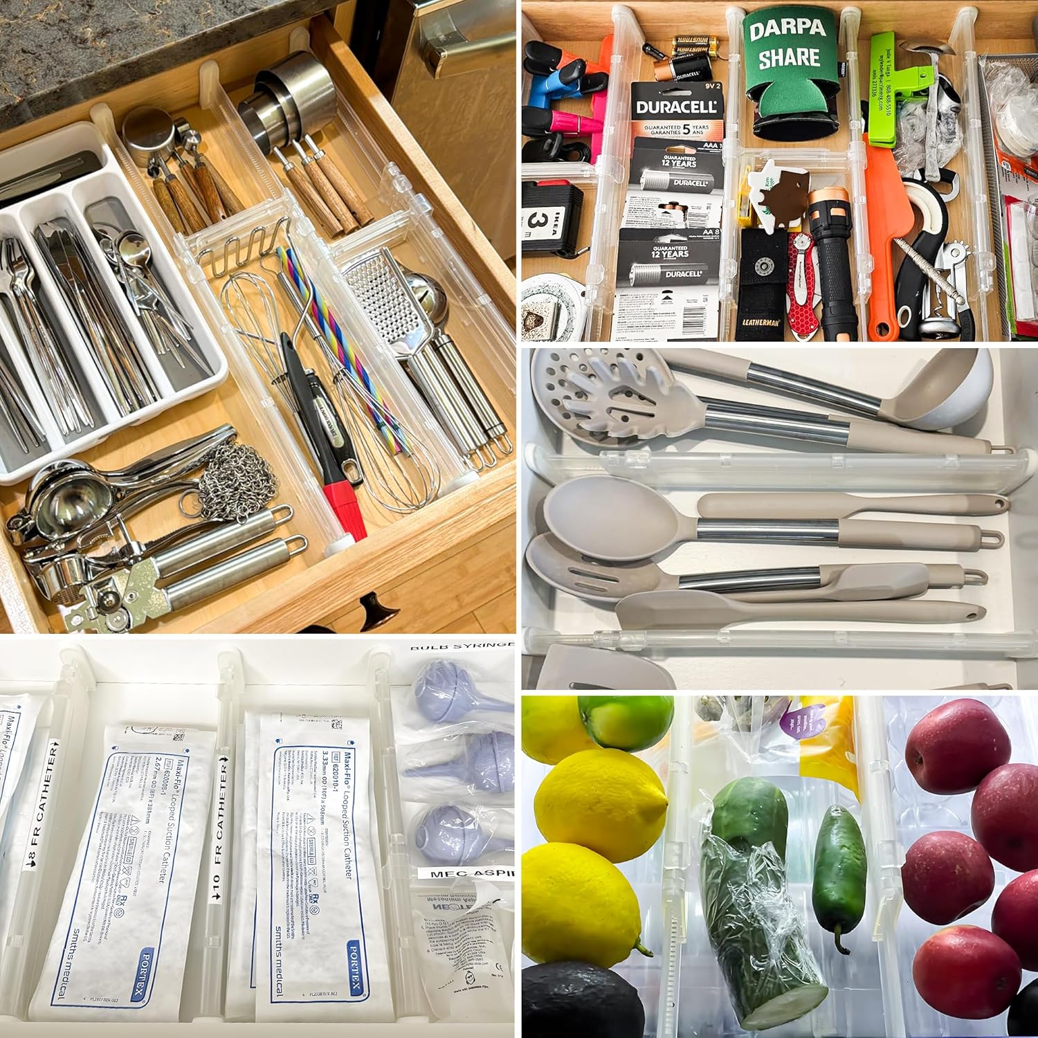 HiYZ Expandable Drawer Dividers with Inserts - Adjustable Drawer Organizers Separators for Kitchen, Bedroom, Dresser, Office, 8 Long Dividers(12.6-22.8 IN) with 10 Inserts(3.9-7.1 IN) - Clear