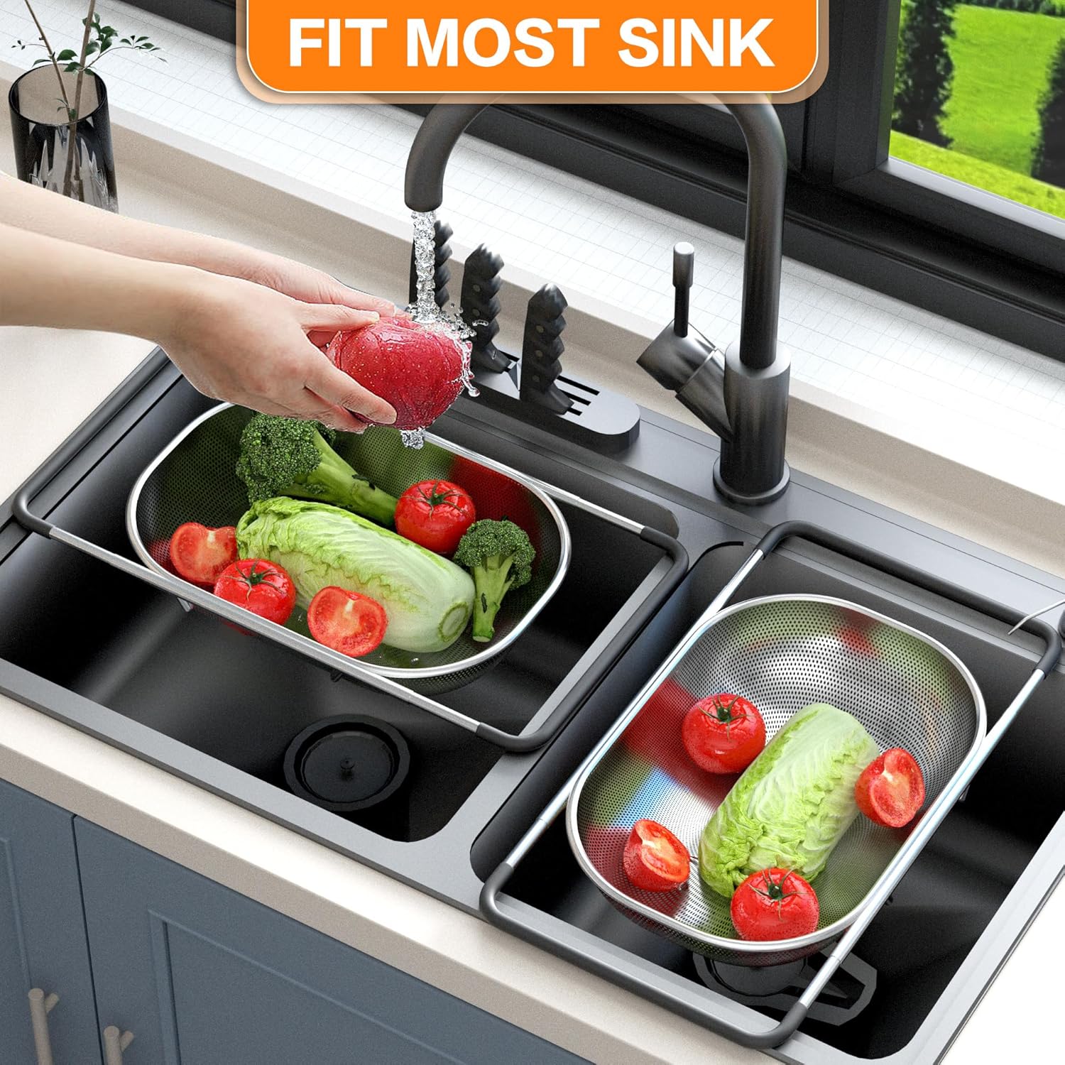 Over the Sink Colander - Strainers and Colanders - Sink Strainer Basket - Expandable Fine Mesh Strainer with Rubber Grip for Veggie, Fruits, Pasta, Home Kitchen Essentials (9.5W x 13.4-21.3L x 3.3H)