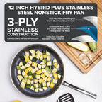 Viking 3-Ply Non Stick Frying Pan, 12 Inch Hybrid Plus Stainless Steel Kitchen Cookware, Silver