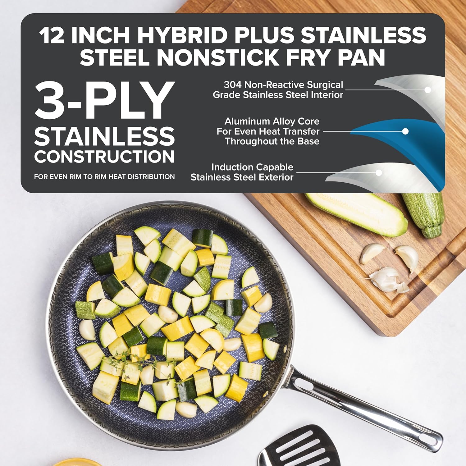 Viking 3-Ply Non Stick Frying Pan, 12 Inch Hybrid Plus Stainless Steel Kitchen Cookware, Silver