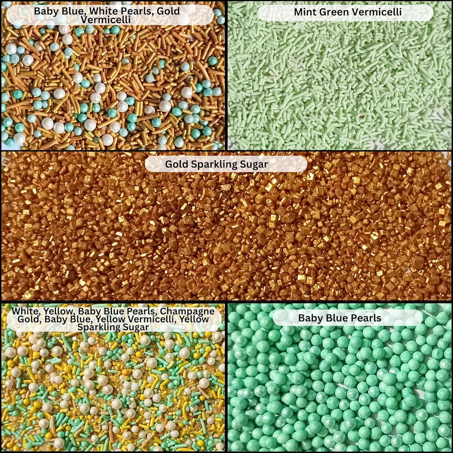 Confect Edible Sprinkles Mix Pack of 5 – Cool Summer Breeze Theme – Yellow Pearl Dragees, Mint Green & Gold Jimmies, Sparkling Gold Sugar – Cake & Cupcake Decorating Toppings - Vegan, Gluten-Free, Nut-Free, Soy-Free, Dairy-Free, Palm Oil-Free- 5 Oz
