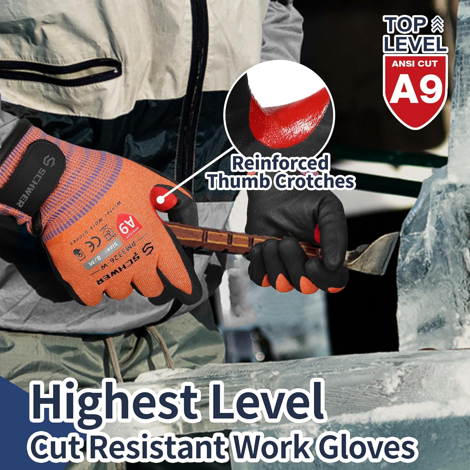 Schwer FreezeGuard-X Winter Work Gloves for Men and Women, ANSI A9 Cut Resistant Gloves for Extreme Protection, Freezer Glove With Super Grip, Non PFAS, Thermal Insulated, PM3326-W (L,2 Pairs)
