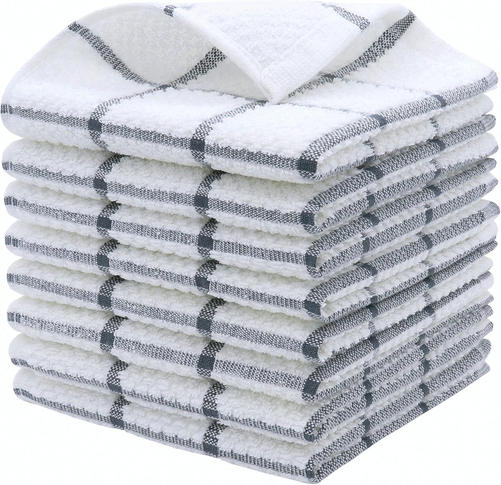Cotton Grid Dish Cloths, Terry Cleaning Rags, 12 x 12 Inches, Light and Soft, Quick Drying Dish Rags, 8pc/Set (Grey)