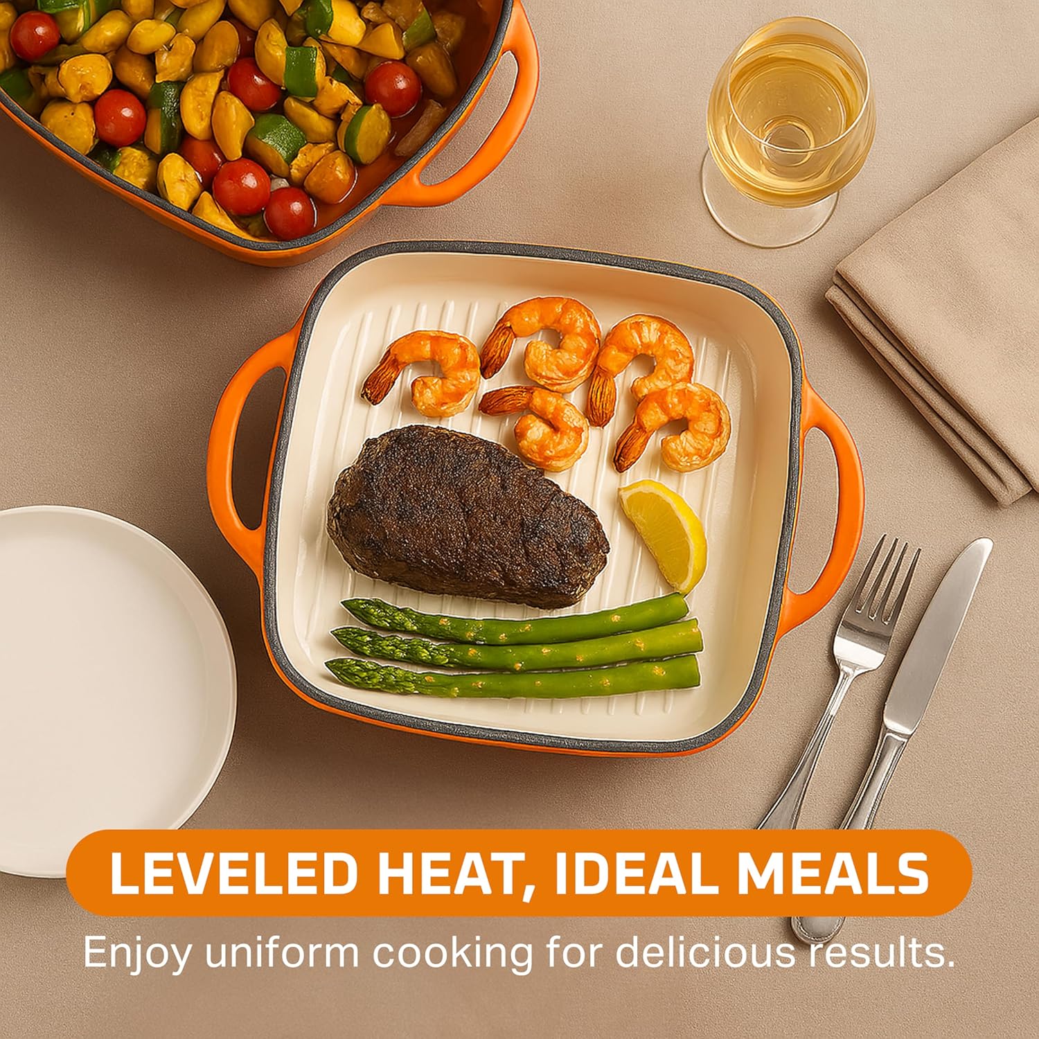 Bruntmor 2-in-1 Square Pumpkin Spice Cast Iron Dutch Oven With Handles, Enamel All-in-One Cookware Set, Braising Pan For Casserole Dish, Crock Pot Covered Cast Iron Skillet