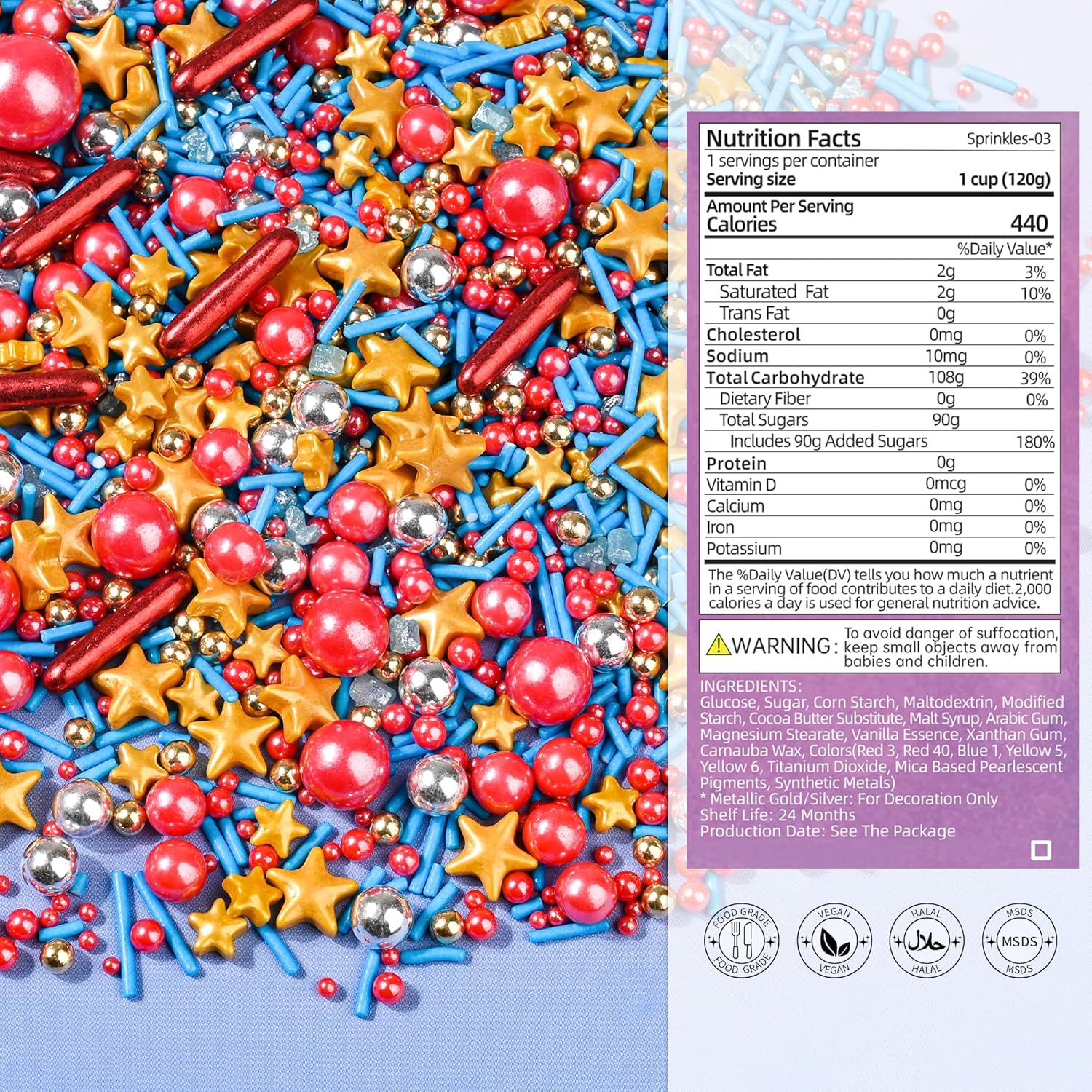 Cobakey Patriotic Sprinkles for Baking, 4th of July Sprinkles With Gold Star, Perfect for Independence Day Dessert Party 4.23 Ounce