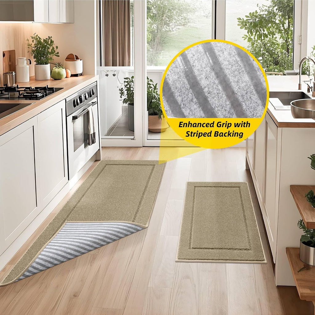 JSEI Non-Slip Kitchen Mats, Self Adhesive No Sliding Kitchen Rugs Set of 2, Washable Absorbent Floor Mat for Kitchen, Bathroom, Laundry Room, Bedroom, 20”x32”+20”x48”, Beige, Rectangular Pattern