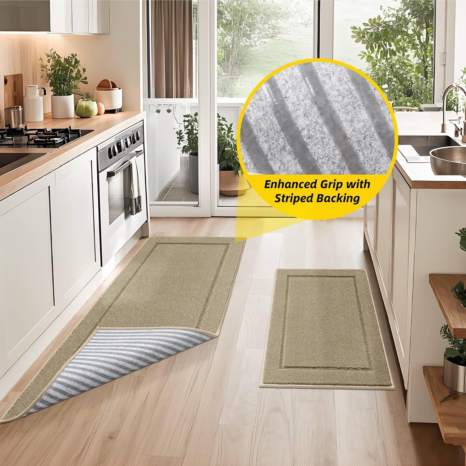 JSEI Non-Slip Kitchen Mats, Self Adhesive No Sliding Kitchen Rugs Set of 2, Washable Absorbent Floor Mat for Kitchen, Bathroom, Laundry Room, Bedroom, 20”x32”+20”x48”, Beige, Rectangular Pattern