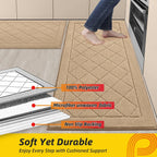 JSEI Non-Slip Kitchen Rugs, Self Adhesive No Sliding Kitchen Mats Set of 2, Soft Washable Absorbent Floor Mat for Kitchen, Bathroom, Laundry Room, Bedroom, 24”x36”+24”x60”, Beige, Diamond Pattern
