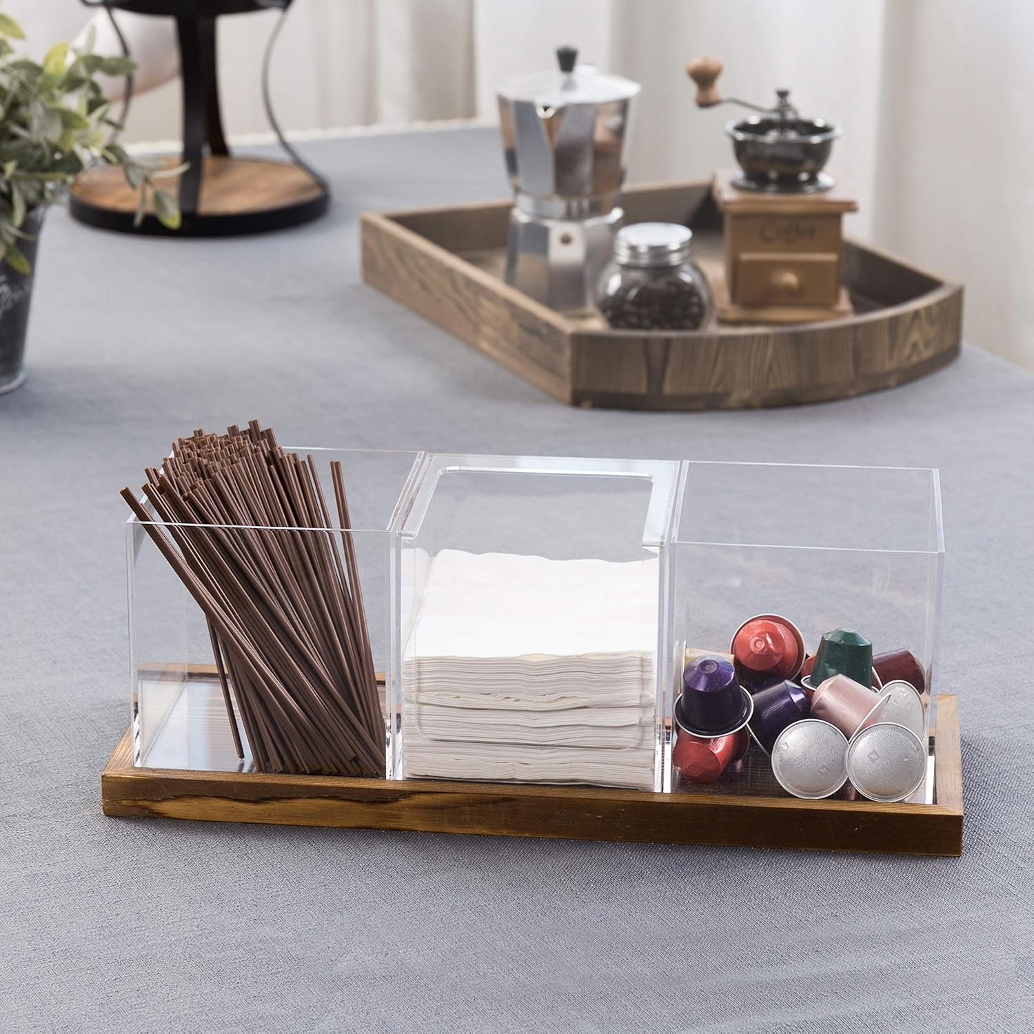 MyGift Modern Modular Coffee and Tea Station Organizer with 3 Removable Premium Clear Acrylic Compartments and Rustic Burnt Solid Wood Decorative Tray, 4 Piece Set