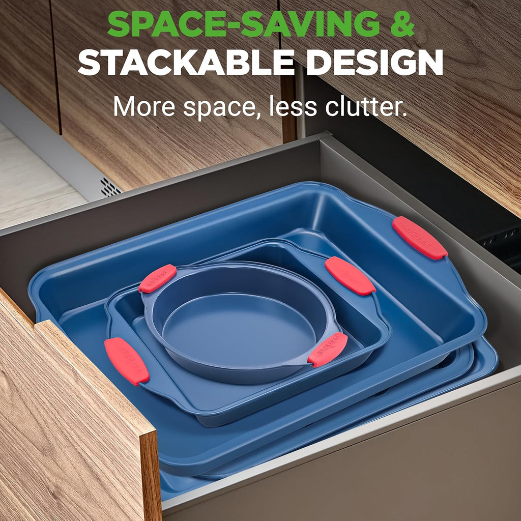 NutriChef 8-Piece Nonstick Baking Pan Set - Premium Carbon Steel Bakeware w/ Silicone Handles - Includes Pizza Tray, Loaf Pan, 12-Cup Muffin Pan, Round/Square Pans, & Cookie Sheet - Blue