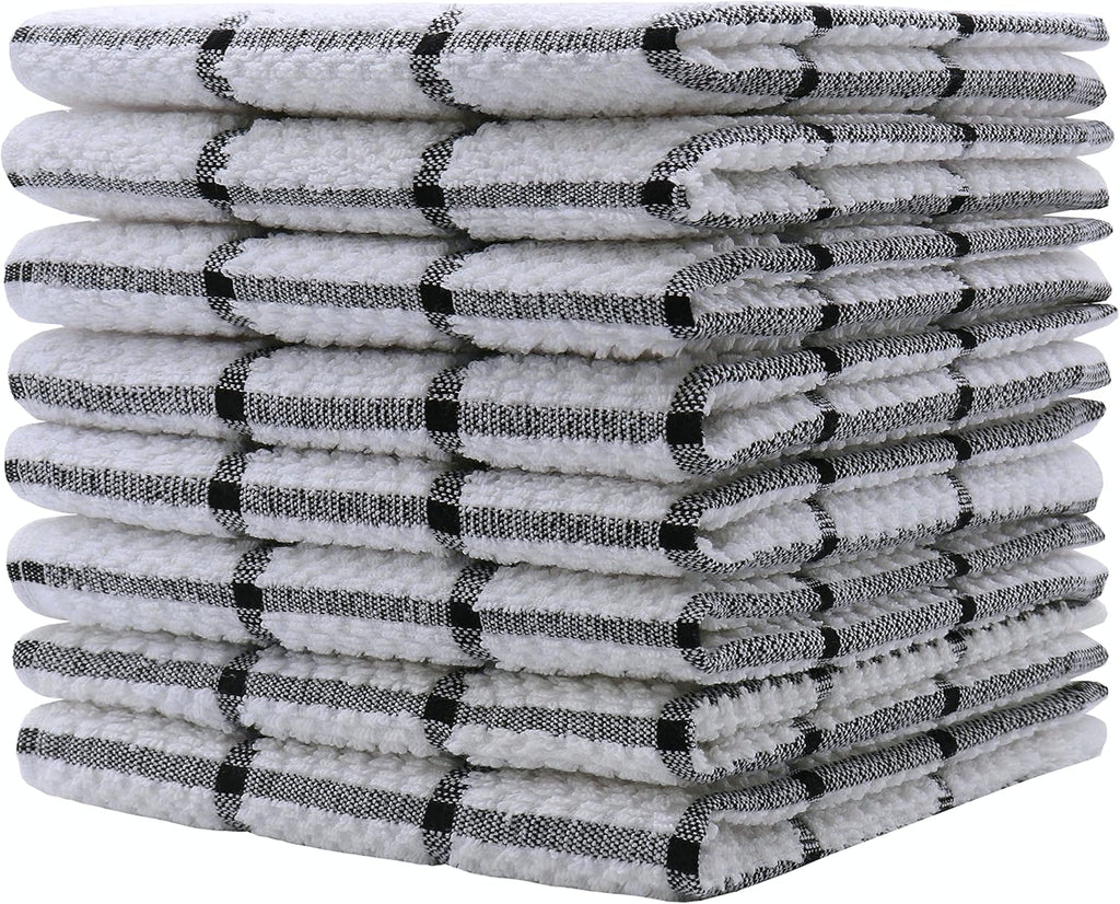 Cotton Dish Towels for Kitchen, Terry Dish Cloths for Washing Dishes, 12 x 12 Inches, Light and Soft, Quick Drying Dish Rags for Cleaning, 8pc/Set (Black)