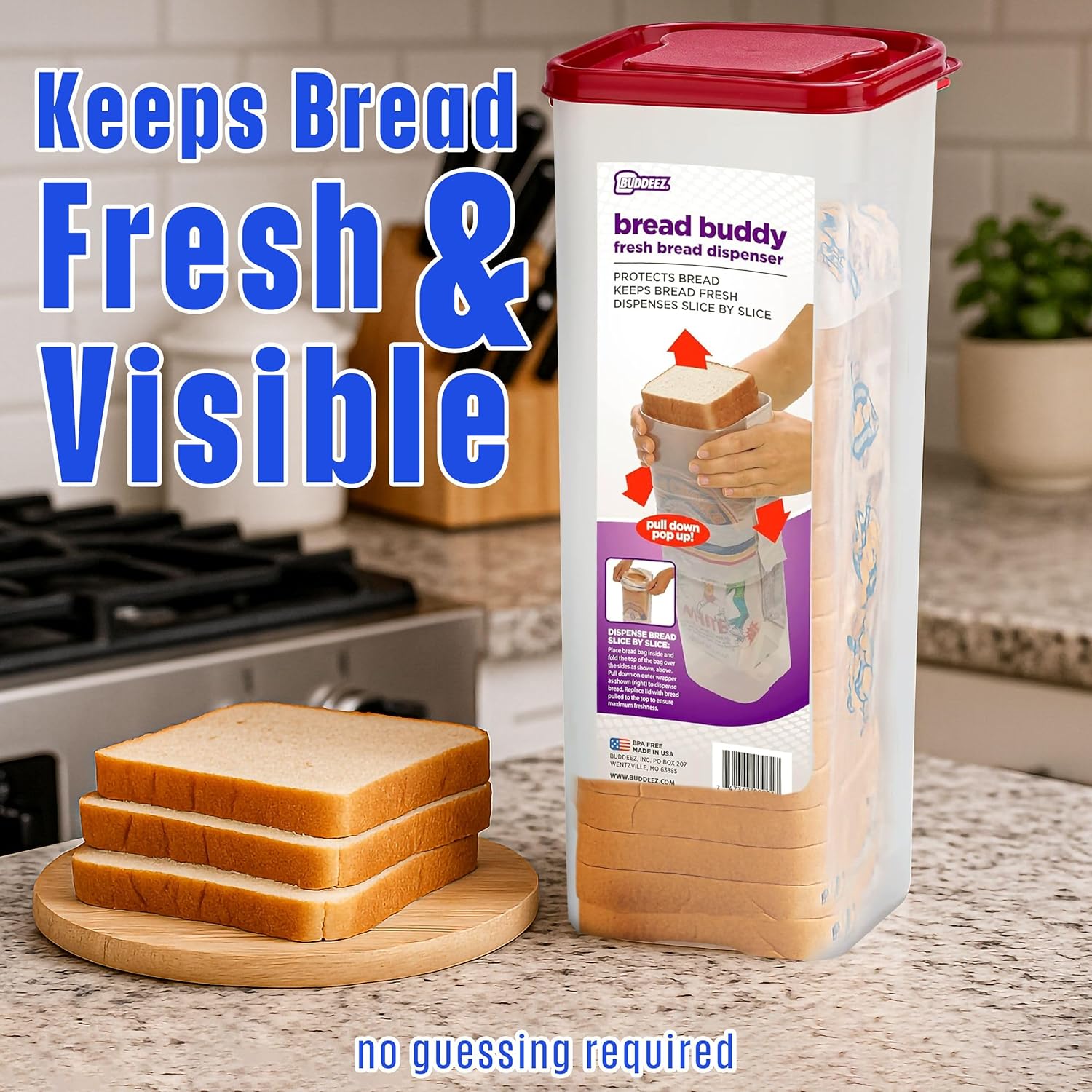 Buddeez Bread Buddy Bread Box – Keeps Bread Loaves Fresh - Red Lid, Pack of 1
