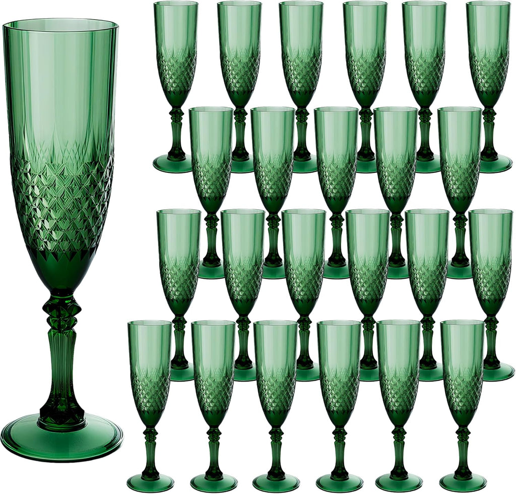 Plastic Champagne Flutes, 24PCS Dark Green Plastic Wine Glasses Goblets Reusable Champagne Flute for Weddings, Bachelor Parties, Toasting, and Events(24, Dark Green)