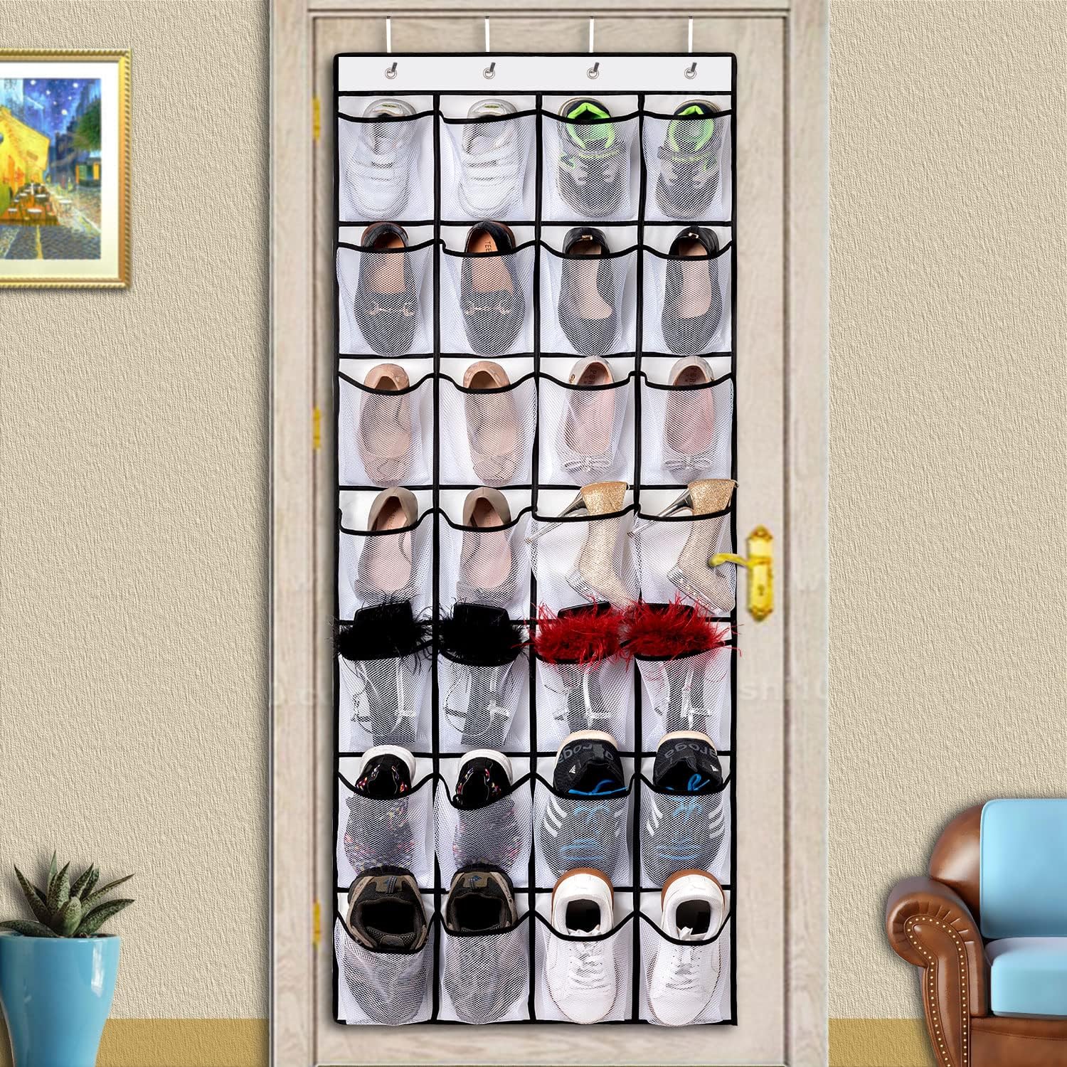 REGELETO 2 Pack 28 Pocket Over the Door Shoe Organizer, Hanging Shoe Rack for Door Large Capacity Shoe Organizer Holder with 4 Metal Hooks (White-2Pack)