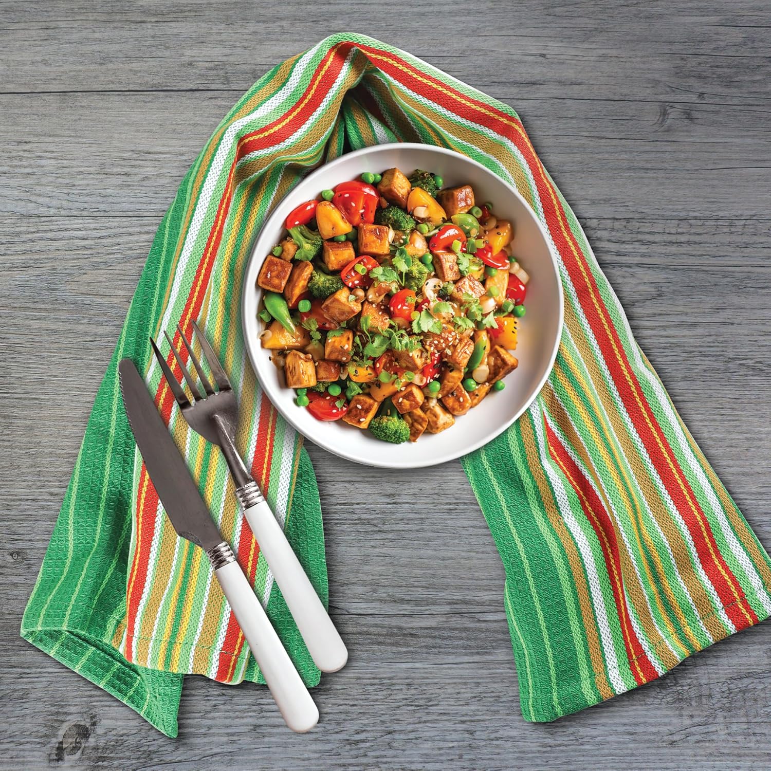 Urban Villa Salsa Stripe KitchenTowels 100% Cotton Dish Towels for Kitchen Multi Color Highly Absorbent Multi-Purpose Waffle Dish Cloths for Cleaning Soft Hand Bar Towels 20x30 Inches (Set of 8)