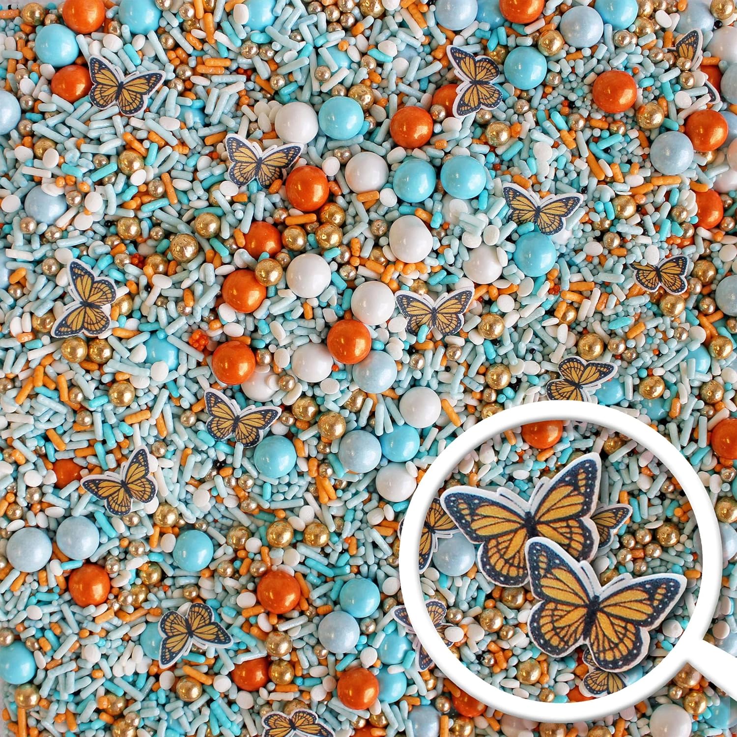 Sprinkle Pop Monarch Butterfly Sprinkle Mix| Blue Orange Sprinkles with ~20 Butterfly Wafer Paper and Gold Dragees| Decorating Sprinkles Made In USA for Mother’s Day Cupcakes Cakes Cookies Donuts, 4oz
