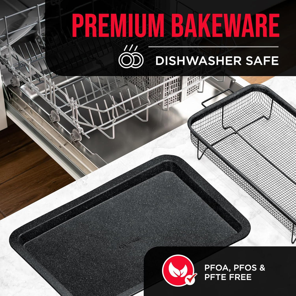 Crisper Tray Gray marble Coating - 2-Piece Set, Non-Stick Basket Design for Healthier Cooking in Regular Ovens - Make Great Crispy Food, Bacon and More, Extra Large Size 19" x 13"