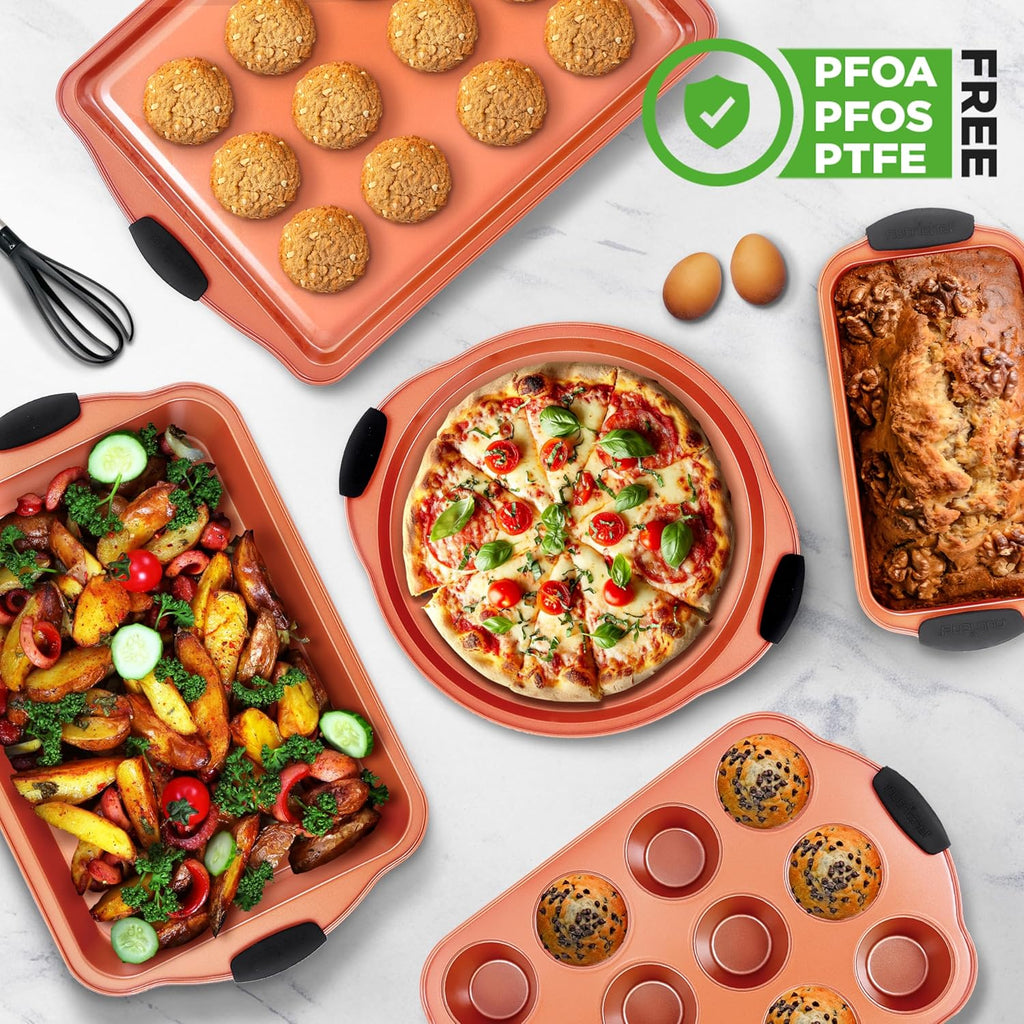 NutriChef 10-Piece Nonstick Baking Pan Set - Premium Carbon Steel Bakeware with Silicone Handles, Baking Pans, Pizza Pan, Square Pan, Loaf Pan, Cookie Sheet, Round Pan, 12/24 Cup Muffin Pan (Copper)