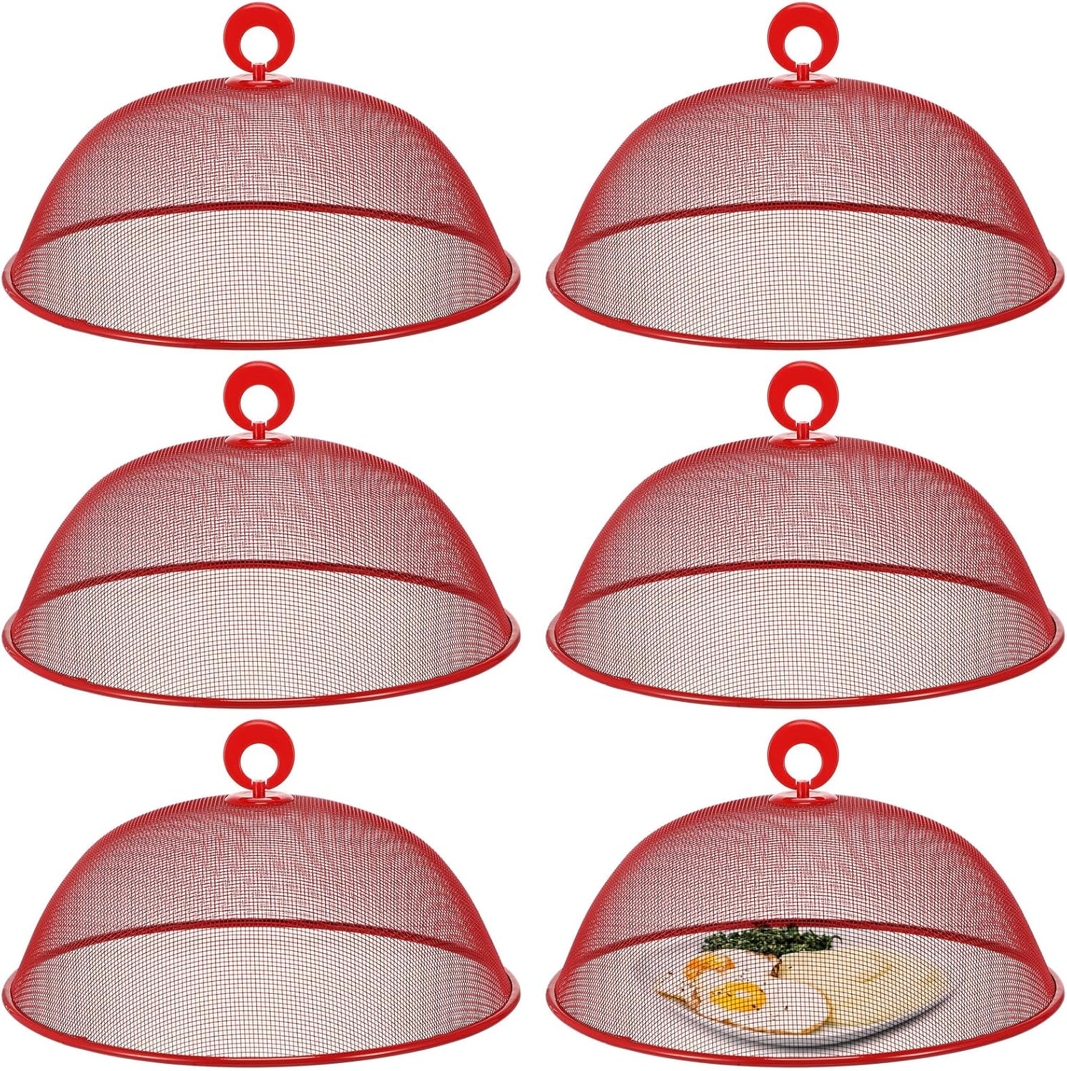 Gerrii 6 Pcs Metal Mesh Food Cover Outdoor Mesh Food Tents Dome Screen Plate Covers for Dinner Plates Reusable Fruit Fly Nets Picnic Food Umbrella for Table, BBQ, Camping, Party (Red,11 Inch)