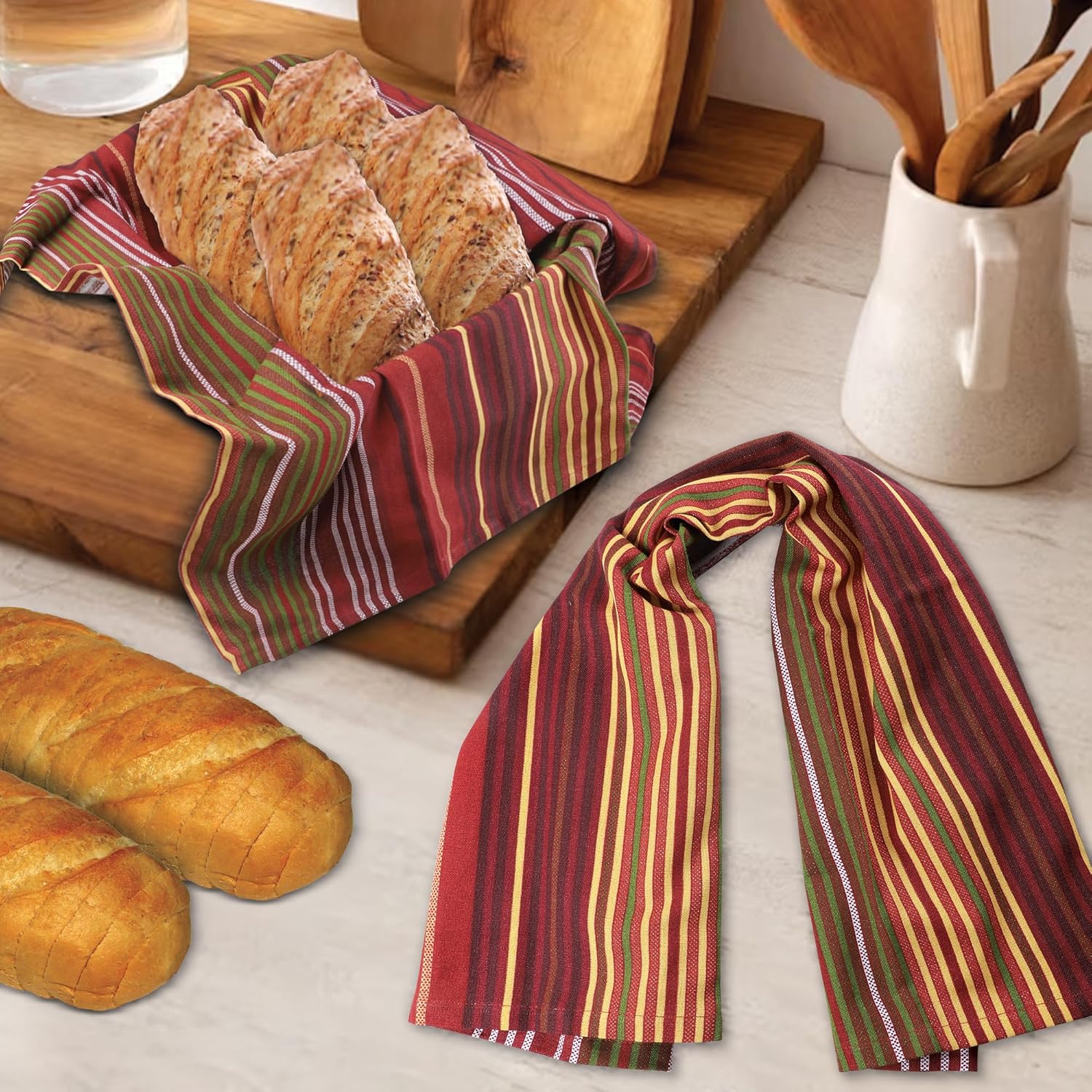 Urban Villa Fall Print Stripes Kitchen Towels Premium Quality 100% Cotton Harvest Dish Towels Mitered Corners Ultra Soft (Size: 20X30 Inch) Thanks Giving Highly Absorbent Tea Towels - (Set of 6)