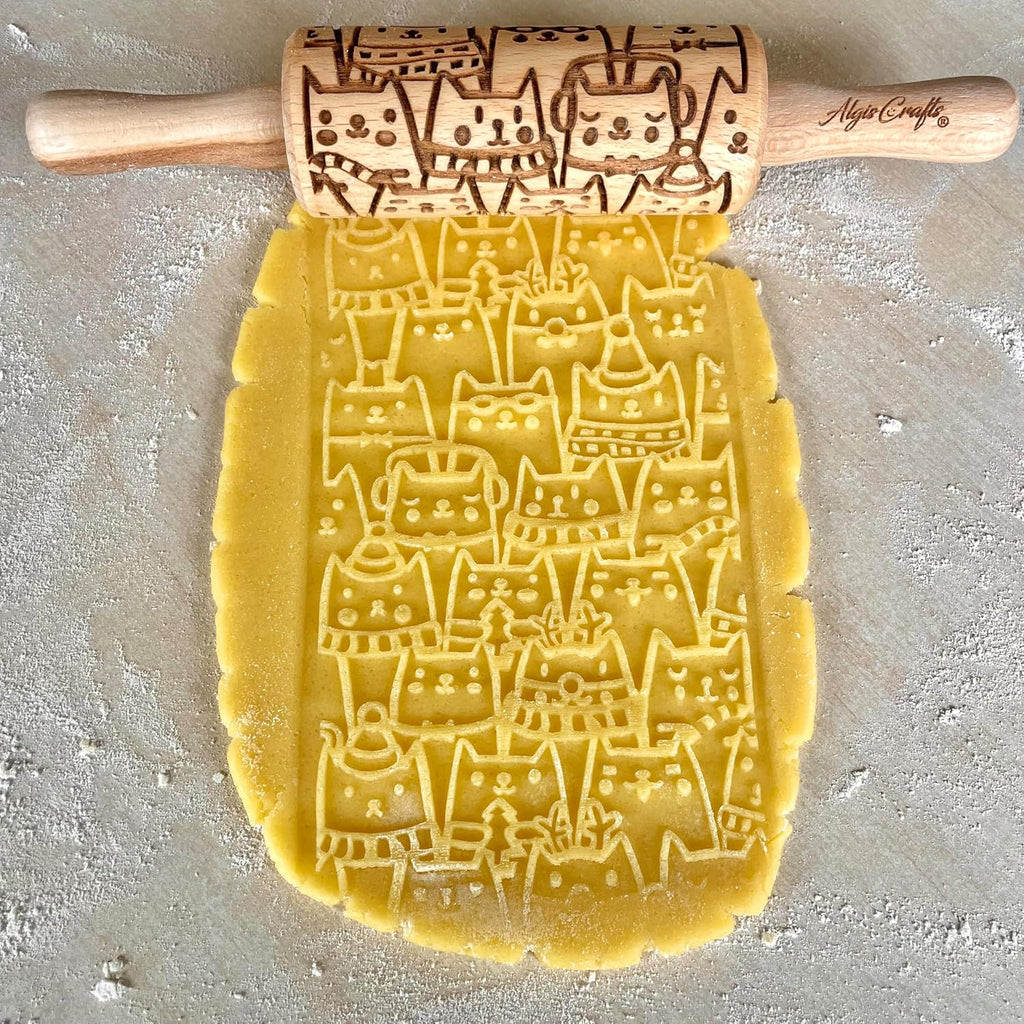 CATS 3 Mini Embossed Rolling Pin Set – Wooden Laser-Engraved Textured Rolling Pins for Cookies, Modeling Clay, Ceramics – Various Cat Patterns by Algis Crafts