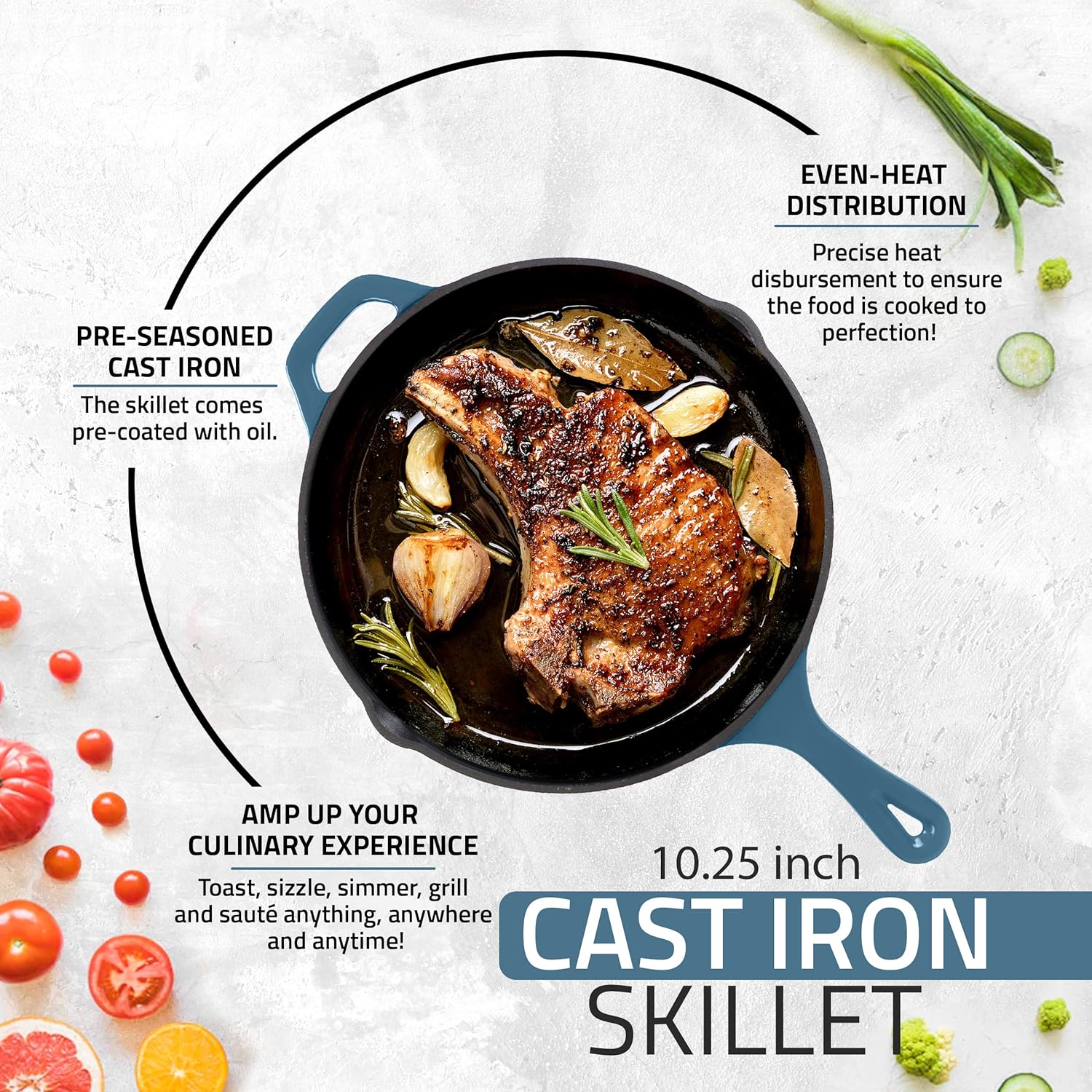 Utopia Kitchen Cast Iron Frying Pan 10.25 Inch, Cast Iron Chefs Pan, Pre Seasoned Skillet, Safe Grill Cookware for Indoor & Outdoor Use, Teal