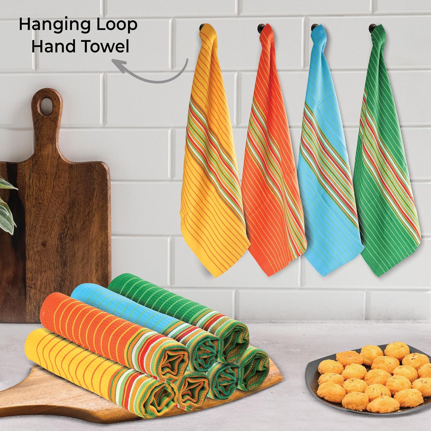 Urban Villa Salsa Stripe KitchenTowels 100% Cotton Dish Towels for Kitchen Multi Color Highly Absorbent Multi-Purpose Waffle Dish Cloths for Cleaning Soft Hand Bar Towels 20x30 Inches (Set of 8)