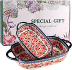 Polish Pottery Style Ceramic Baking Dish Set of 2 – Decorative Casserole Dishes with Handles, Cute Oven-Safe Lasagna Bakeware Gift Set