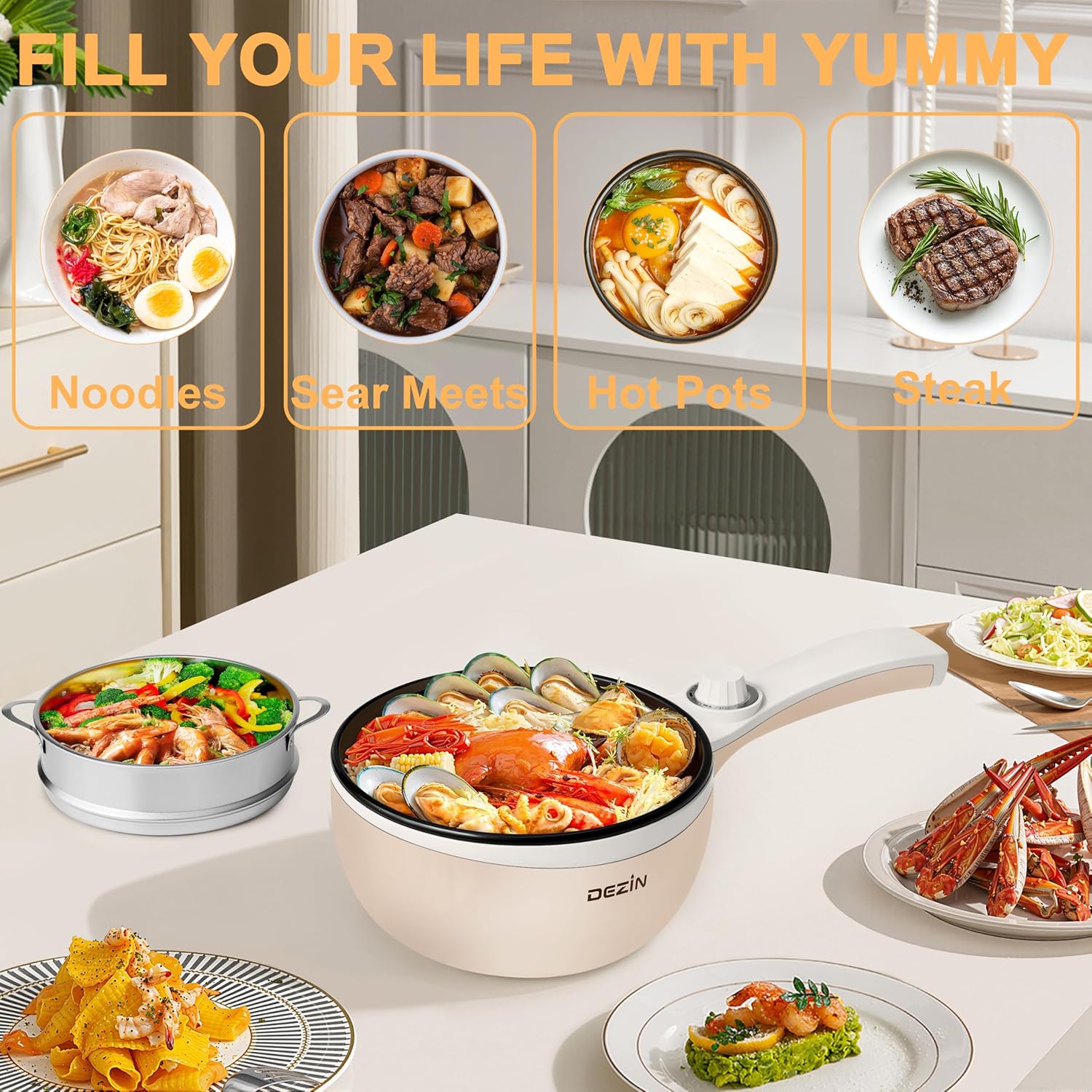 Dezin Hot Pot Electric with Steamer Upgraded, Non-Stick Sauté Pan, Rapid Noodles Electric Pot, 1.5L Mini Pot for Steak, Egg, Fried Rice, Ramen, Oatmeal, Soup with Power Adjustment