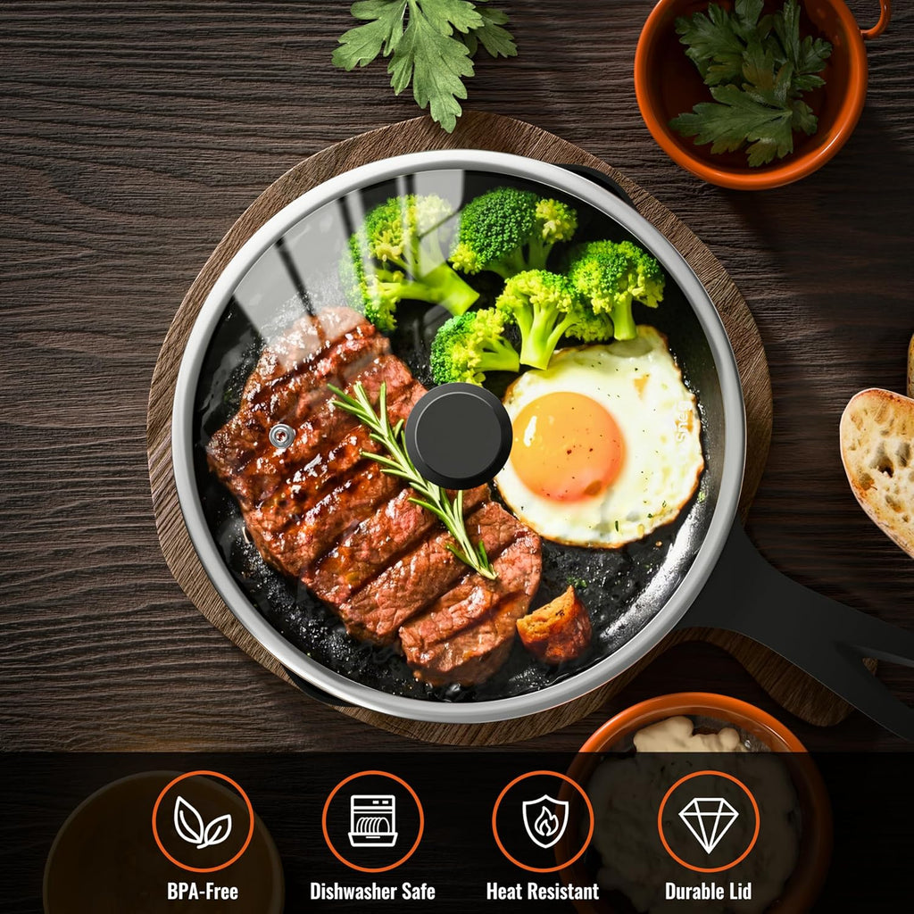 Tempered Glass Lids for Pots and Pans, Cast Iron Skillet Lid 10.5 Inch, Frying Pan Lid, Replacement Pan Cover, Wok, Crock Pot Lid with Wide Stainless Steel Rim, Heat Resistant Cookware Pan Lids