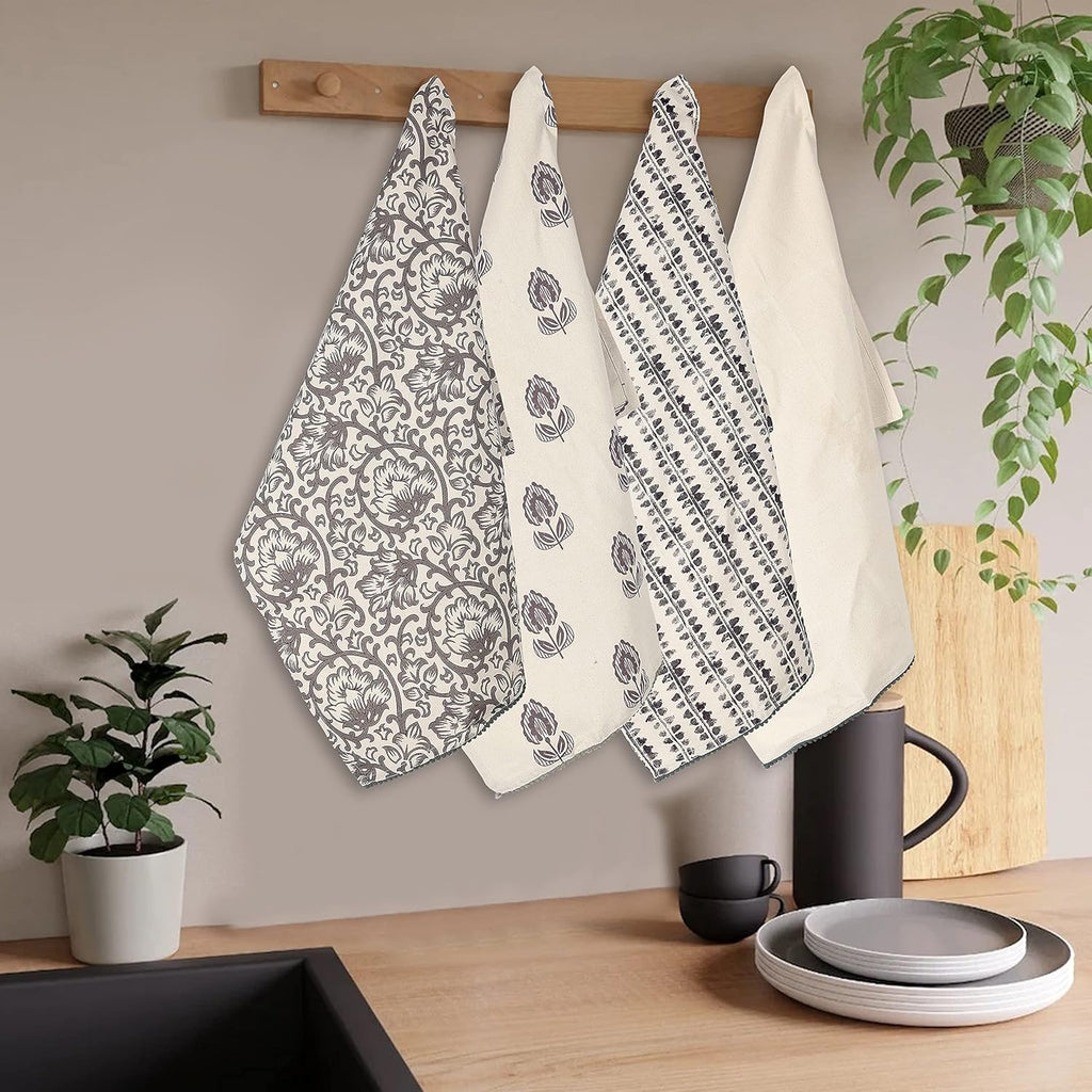 Kitchen Towels Dish Towels for Kitchen- Gray & Beige Tea Towels for Kitchen-Bar Towels for Kitchen-KitchenTowels and dishcloths-Printed Floral 18"x28" Pack of 4