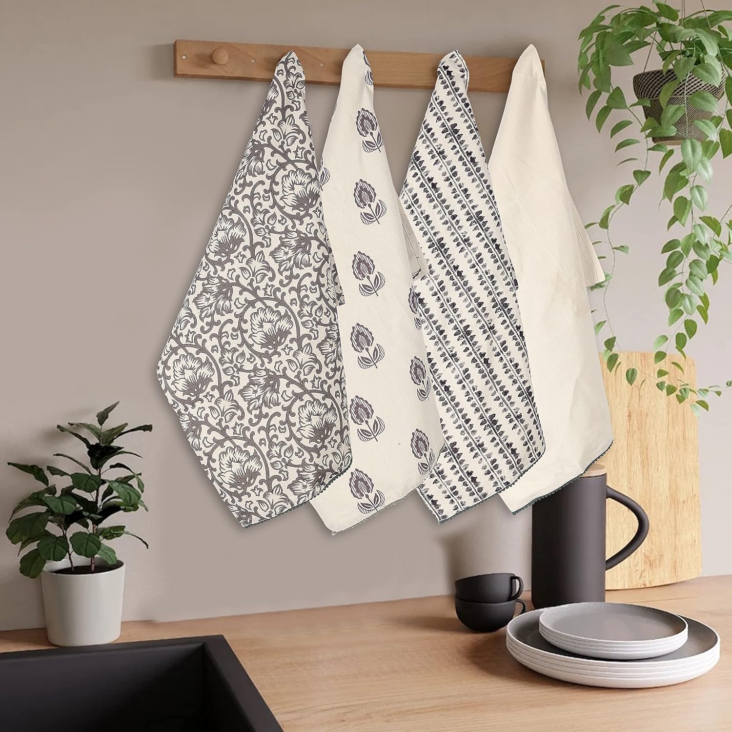 Kitchen Towels Dish Towels for Kitchen- Gray & Beige Tea Towels for Kitchen-Bar Towels for Kitchen-KitchenTowels and dishcloths-Printed Floral 18"x28" Pack of 4