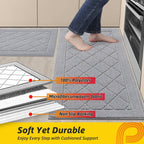 JSEI Non-Slip Kitchen Rugs, Self Adhesive No Sliding Kitchen Mats Set of 2, Soft Washable Absorbent Floor Mat for Kitchen, Bathroom, Laundry Room, Bedroom, 20”x32”+20”x48”, Light Grey, Diamond Pattern