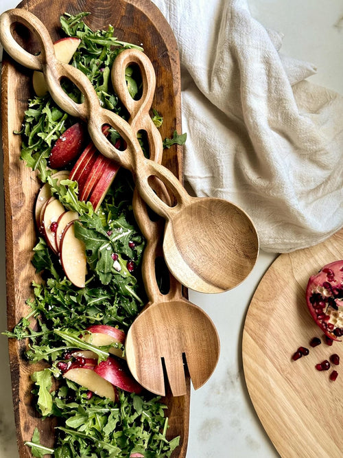 13" Wood Salad Tongs For Serving, Acacia Wood Kitchen Utensils Set, Salad Mixing Dinner Fork and Spoon Long Handle Salad Server Set Kitchen, Housewarming Gift Ideas, Set of 2 (Acacia Wood)