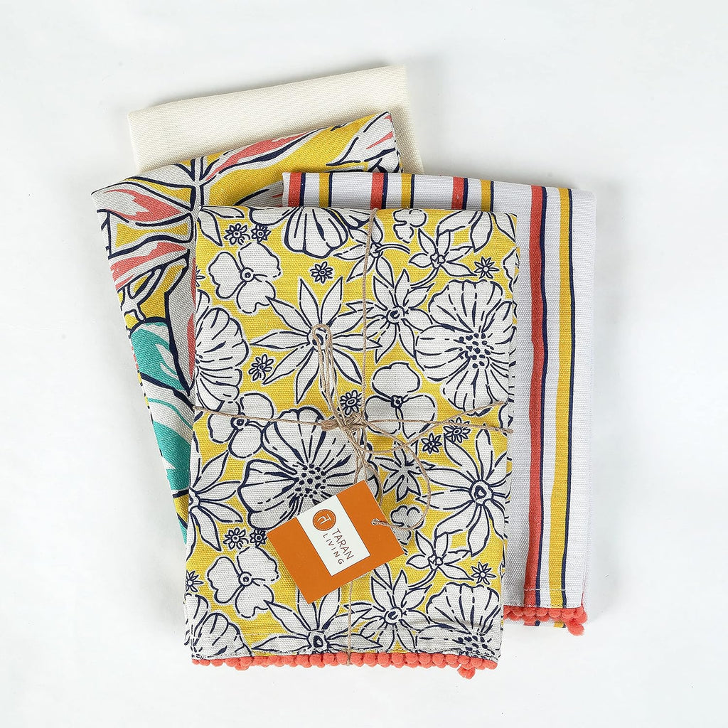 Valentine's Printed Kitchen Dish Bar and Tea Towels Cotton, 18x28 inch with Trims, Cotton Dish Towel Sets (Yellow, Set of 4)