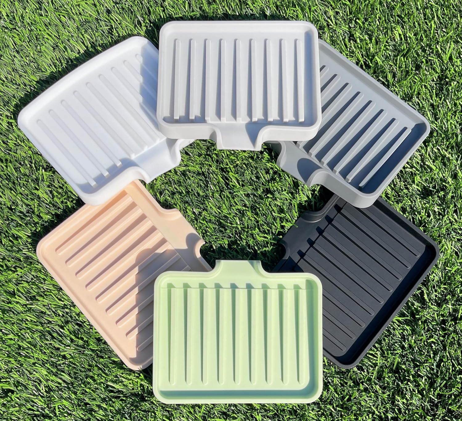 Happitasa Silicone Soap Dish Tray and Sponge Holder with Drain Chute, Pack of 2 | Bathroom and Kitchen Sink Organizer Caddy (Grey, 5.2"x4", 7.2 Ounces)