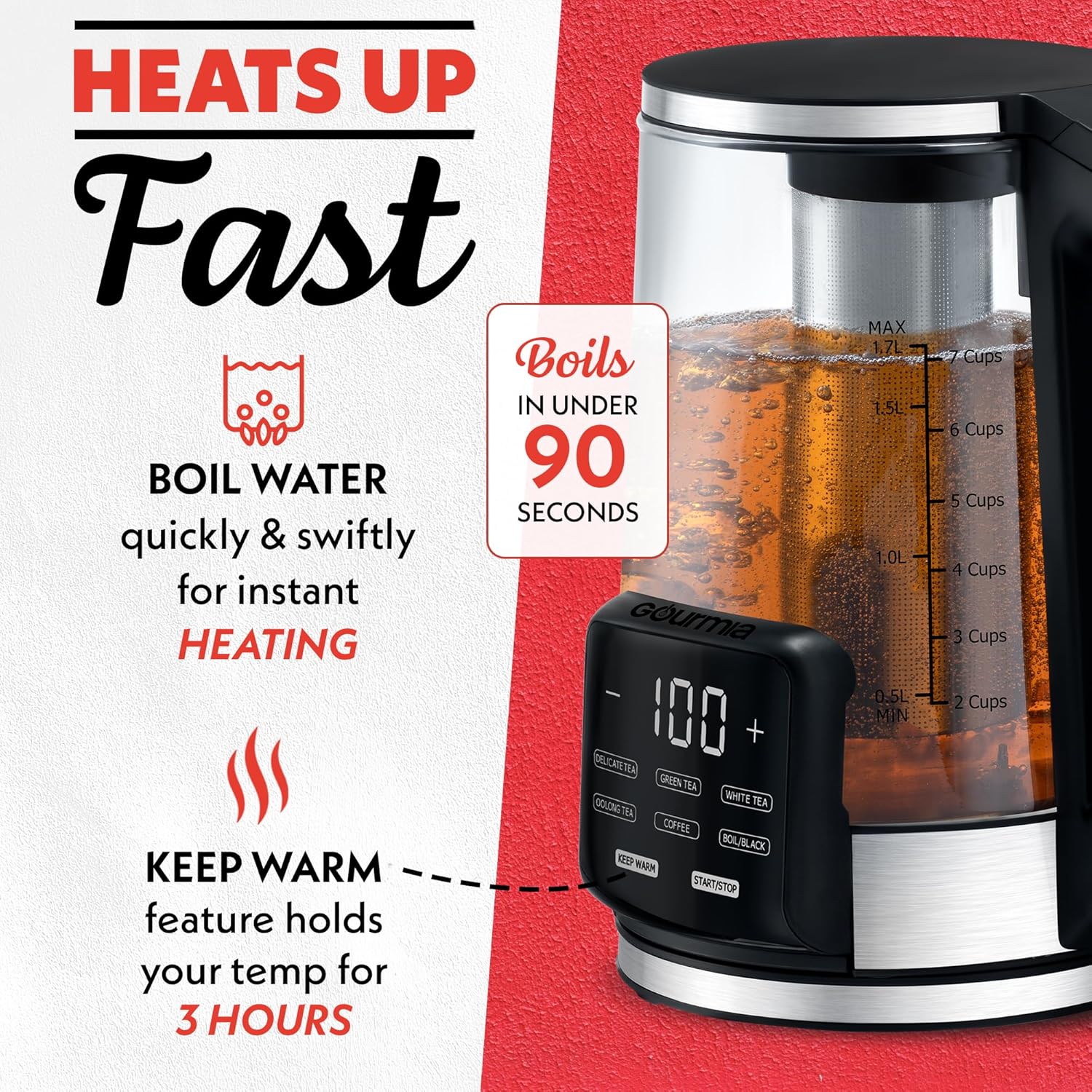 Gourmia Electric Programmable Glass Kettle – 1.7L Temperature Control Tea & Coffee Kettle with Digital Touch Display, 6 Presets, Keep Warm, Removable Stainless Steel Infuser, 360° Swivel Base – Green