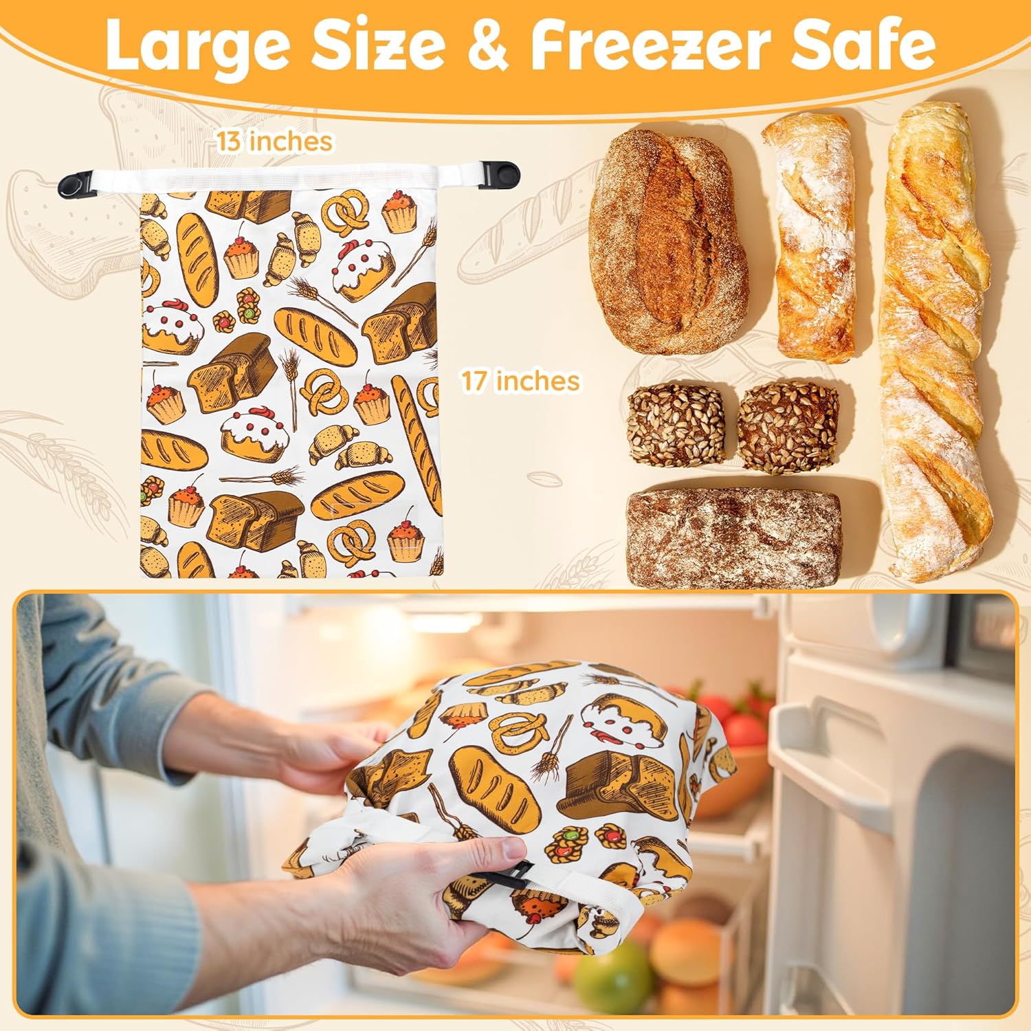 Reusable Beeswax Bread Bag for Homemade Bread & Sourdough Loaf, Fridge-Safe Storage Container with Dual-Zip Freshness Lock & Food Lables Note Dates on, Natural Cotton and Beeswax Lining Keep Fresh