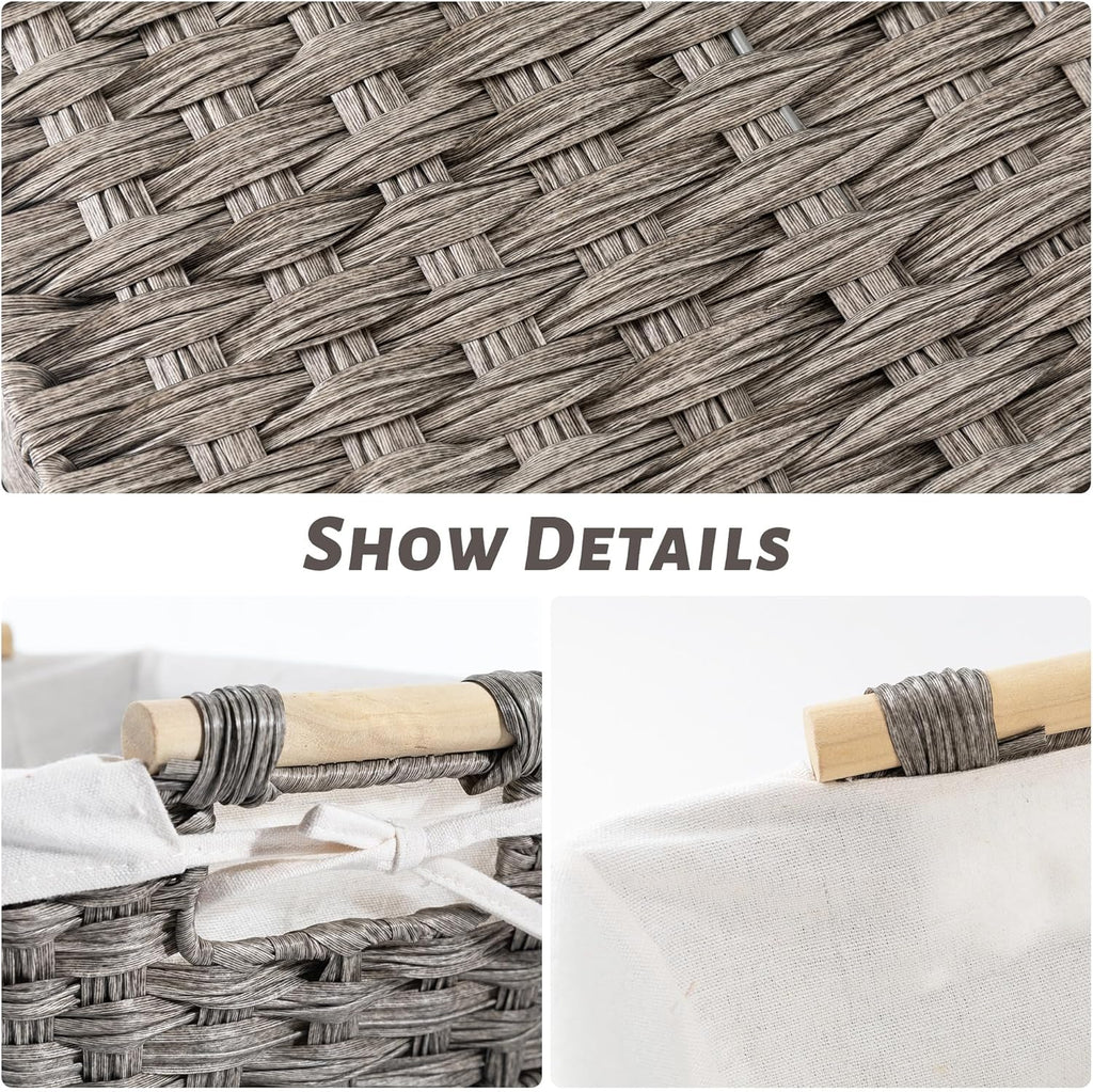 Baskets-Wicker Storage Baskets-Waterproof Wicker with Handles Hand-Woven Blue Handle Food Storage Pantry Woven Storage Boxes, 2 Pack, Home Storage Boxes