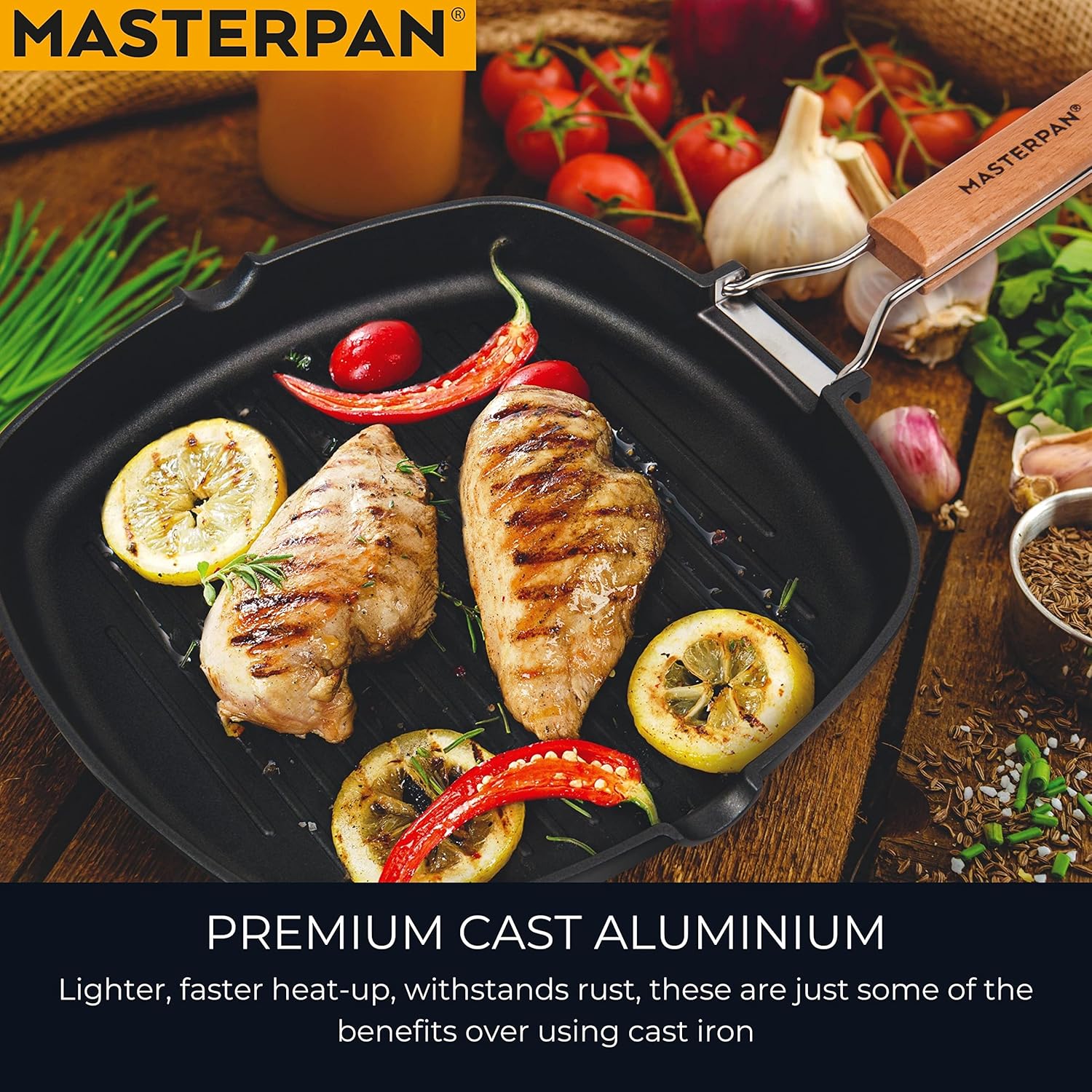 Non-Stick Grill Pan with Folding Wooden Handle, 8", Black and Brown
