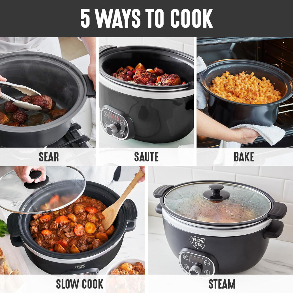 GreenLife 6QT Slow Cooker, Non-Toxic PFAS-Free Ceramic Nonstick Removable Interior Bowl, Programmable, Family Friendly, Keep Warm, Stovetop & Oven Safe, Dishwasher Safe Parts, Timer, Glass Lid, Black