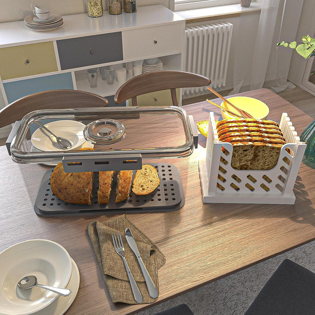 Bread Box and Slicer, Breads Slicer for Homemade Breads, Large Bread Box Airtight with Lid and Time Recording Function, Bread Container for Homemade Bread, Cookies, Bagel, Donut and Toast(grey)