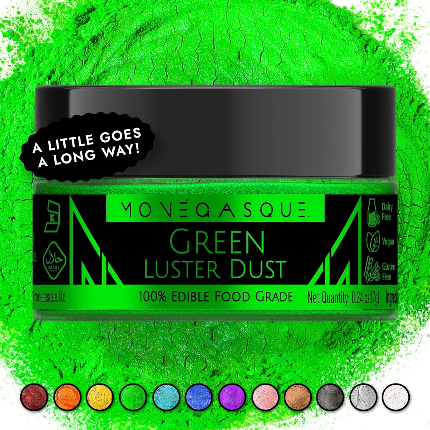 MONÉGASQUE Green Edible Glitter for Drinks 7g – Edible Glitter for Cakes & Cocktails – Green Luster Dust for Drinks – Halloween Drink & Cake Decorations Dust Powder Spray – Cocktail & Drink Shimmer