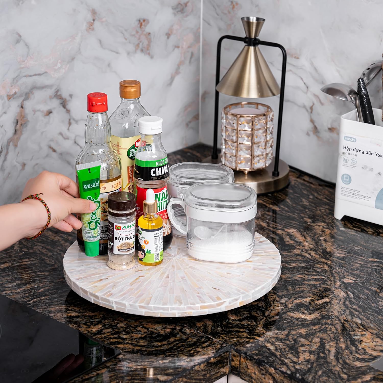 PEMAR PEMAR Mother of Pearl Lazy Susan Turntable – 12.6″ Decorative Wooden Rotating Tray Countertop Organizer (White Cream Sunlight/Starburst Pattern)