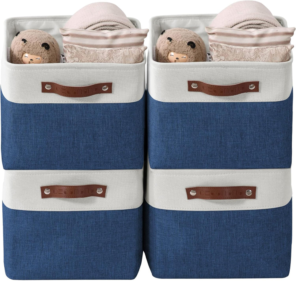 DECOMOMO Storage Baskets for Shelves - Fabric Storage Bins, Linen Closet Organizers and Storage (Navy Blue & White, Large - 4 Pack)