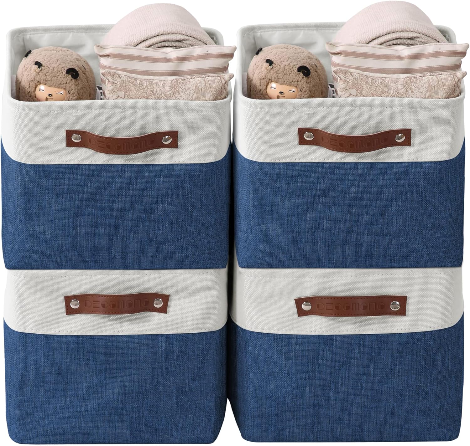 DECOMOMO Storage Baskets for Shelves - Fabric Storage Bins, Linen Closet Organizers and Storage (Navy Blue & White, Large - 4 Pack)
