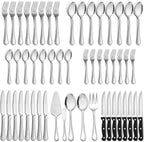 LIANYU 65-Piece Silverware Flatware Set for 10, Plus Steak Knives and Serving Utensils, Stainless Steel Flatware Cutlery Set, Eating Utensils Tableware with Scalloped Edge, Dishwasher Safe